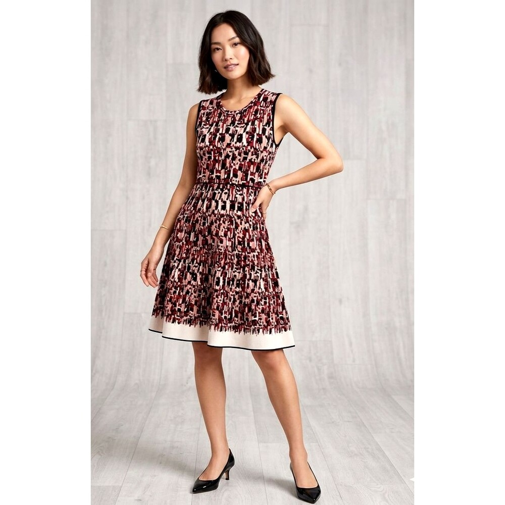 Paule Ka Dress Womens Large Knit Fit Flare Designer Office Abstract Spring